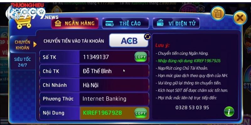 Nạp tiền Kv999 qua ngân hàng